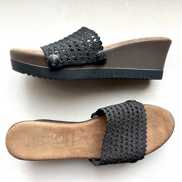 Chula Black Mesh Slide Sandals w/ Wedge Heels & Interchangeable Strap Size 9 - Picture 1 of 15